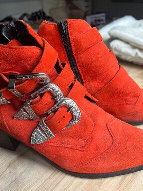 ASOS Orange Suede Western Buckle Ankle Boots